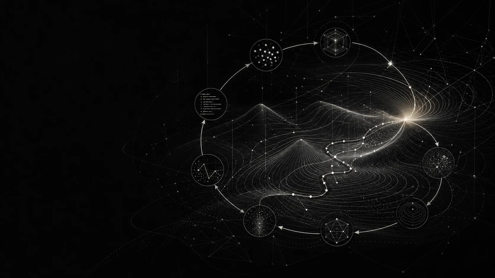A monochrome research landscape showing an iterative path moving through experiments toward a result